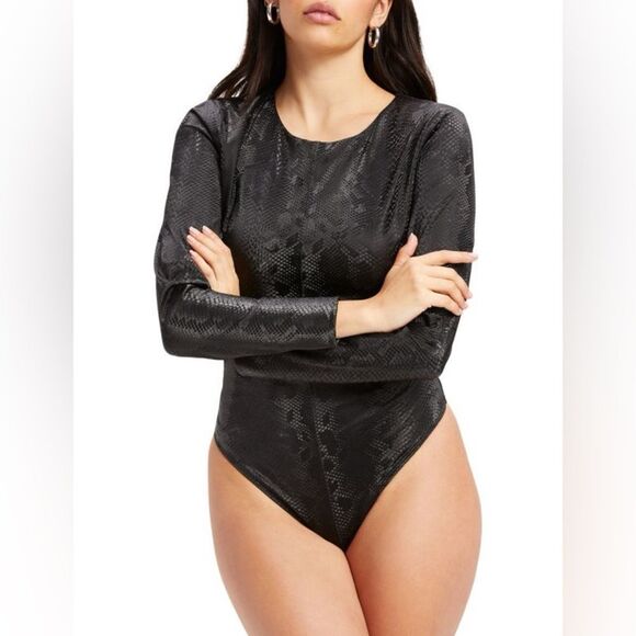 Good American Black ​Snakeskin Print Faux Leather Long Sleeve Bodysuit - Picture 1 of 9